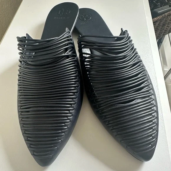 Tory Burch Mule Blue Woven Leather Sienna Pointed Toe Slides - Picture 2 of 6